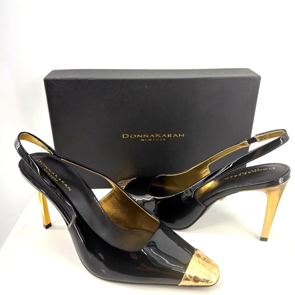 Donna Karan New York Savita Slingback Heels Black Gold Cap Toe Pumps Size 8.5 - Picture 9 of 14